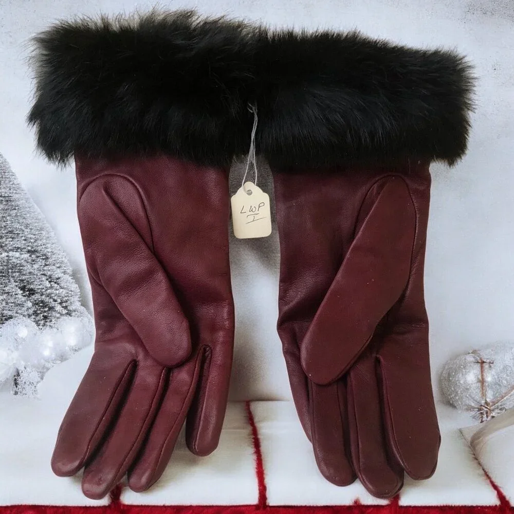 Vintage Leather Gloves Oxblood Brown Acrylic Lining Fur Cuffs Womens Large New